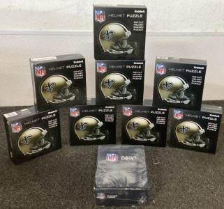 T BAY BUCS NFL PLAYING CARDS, EIGHT FACTORY SEALED 100PC NEW ORLEANS SAINTS DIE CUT HELMET SHAPED PUZZLES