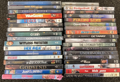 36 MOVIES INCLUDING JUST GO WITH IT, ICE AGE, LEGALLY BLONDE, JOY RIDE, WHERE THE WILD THINGS ARE, INTO THE BLUE, BLOOD TRAILS, FLUKE, WAR GAMES AND MORE