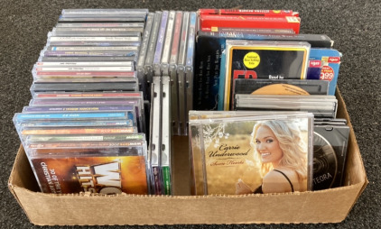 BOX OF CDS INCLUDING CHRISTIAN TOP HITS, HIGH SCHOOL MUSICAL SOUND TRACK, CARRIE UNDERWOOD, SUGAR LAND, TAYLOR SWIFT RED, LINKIN PARK AND MORE