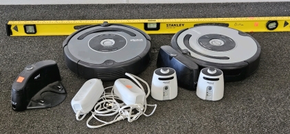 (2) iROBOT ROOMBAS, STANLEY 4' ALUMINUM LEVEL