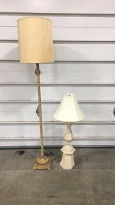 (2) Lamps, one tan end table lamp, tan floor lamp