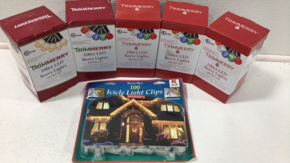 (4) 100ct Multi Color LED Berry Lights; 100ct White LED Berry Lights; 100 Icicle Light Clips