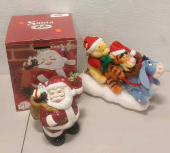 (1) American Atelier Hand painted Ceramic Santa Cookie Jar (1) Disney Winnie The Pooh Singing Christmas Decoration