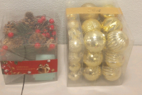 (1) 77-Count Assorted Glass Globe Ornaments (34) Gold Assorted Glass Ornaments (2) Christmas Tree Toppers (1) Christmas Pinecone Light Set And Much More!! - 3