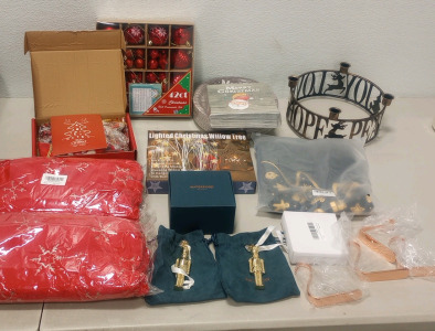 (42) Red Glass Ball Ornaments (2) Waterford Gold Nutcracker Ornaments (1) Lighted Christmas Willow Tree (1) Crown Christmas Candle Holder and More!!