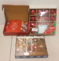 (42) Red Glass Ball Ornaments (2) Waterford Gold Nutcracker Ornaments (1) Lighted Christmas Willow Tree (1) Crown Christmas Candle Holder and More!! - 2