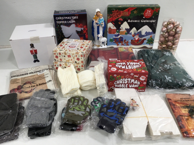 (1) 12 Foot Giant Toy Soldier Lawn Ornament (1) Advent Calendar (1) Christmas Tree Topper (4) Adult Gloves (6) Childrens Gloves & Much More!!