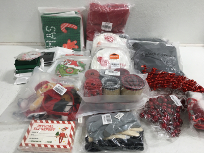 (2) Christmas Chair Covers (2) Throw Pillow Covers (8) Assorted Ornaments (2) 6 pk Christmas Ribbon (3) 24&rdquo; Gnome Santa&rsquo;s W/Legs & More!