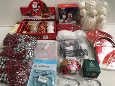 (12) Assorted Christmas Ornaments (1) Assorted Set of White Pumpkin Decor (3) Pairs Black & Red F lower Decor (1) Black & White Tree Skirt & More!!