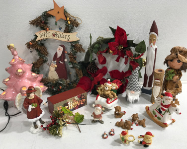 (1) 20&rdquo; Wood &ldquo;Happy Holidays&rdquo; Tree (1) 13&rdquo; Pink Christmas Tree Lamp (1) 18&rdquo; Wood Santa (10) Assorted Decorations & More!