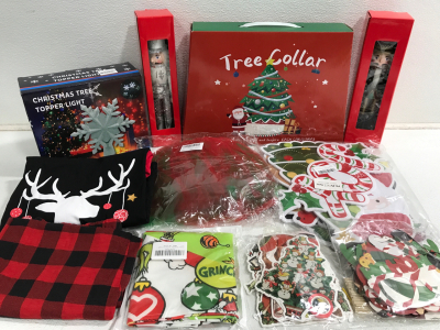 (1) Tree Collar (2) Assorted Nutcracker (1) Christmas Tree Topper Light (1) Christmas Pajamas Set Large & More!