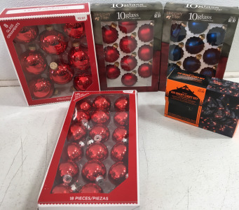 (4) Packs of Glass Ornament&rsquo;s (1) 100 ct. Light Set