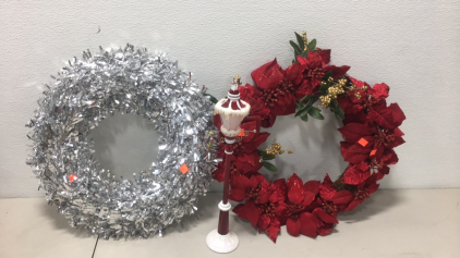 (1) 18” Christmas Silver Tinsel Front Door Wreath (1) 18” Poinsettia Christmas Front Door Wreath (1) 18” Light Up Decorative Christmas Light Pole