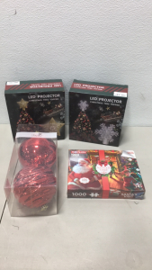 (2) New LED Projector Christmas Tree Toppers (1) Set Of Blivalley 6&rdquo; Red Globe Ornaments (1) A2Play 1000-Piece Christmas Puzzle