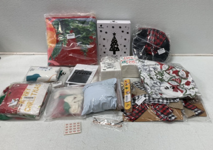 (2) Packages Of Christmas Napkins Small, (2) Packages Of Christmas Slap Bracelets, (1) Christmas Tree Star Topper With Shiny Silver Beads, (1) 2&rsquo; x 6&rsquo; Christmas Runner Rug And More