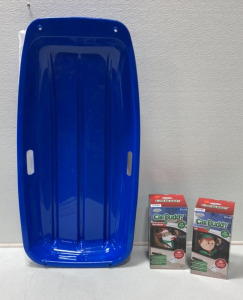 (2) Blue 34 1/2&rsquo;&rsquo; Plastic Sleds, (2) 3&rsquo; Inflatable Car Buddies (1) Elf And (1) Reindeer