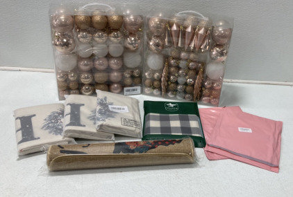 (2) Sea Team (125) Rose Gold Christmas Ornament Set, (3) (4) Set 18&rsquo;&rsquo; x 18&rsquo;&rsquo; Festive Pillow Covers, (2) Cartoon Christmas Wall Decorations And More