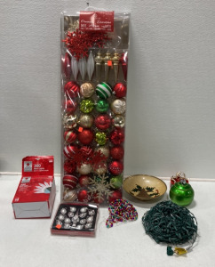 (1) CG Hunter 54 Piece Ornament Decoration Set, (1) String Of 300 Mini Christmas Lights, (1) Holiday Home Mini Glass Ball Ornament Set And More