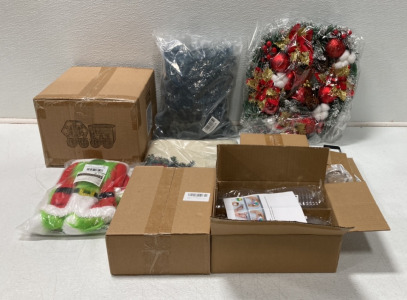 (1) 14&rsquo;&rsquo; Christmas Reef With Metal Hanger, (3) Boxes Of Clear Ornaments, (1) Holiday Collection Grinch Wine Bottle Cover And More
