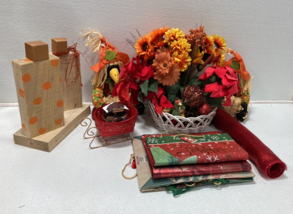 Large Lot Of Fall And Christmas Decorations, Gift Bag And Red Burlap