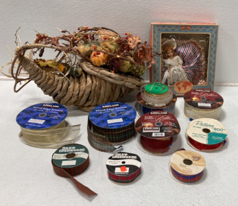 (1) Cornucopia Fall Decoration, (1) Dolls Of All Nations Doll, (10) Rolls Of Ribbon And Botique And More