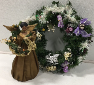 24” Christmas Wreath; Golden Angel Tree Topper