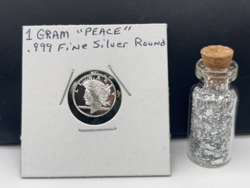 1 Gram "Peace/Eagle" .999 Fien Silver Round & Bottle of Large Silver Flakes