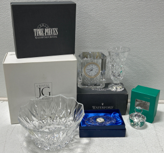 GORGEOUS CRYSTAL CLOCKS (2), SMALL VASE, BOWL AND PERFUME BOTTLE (UNUSED)