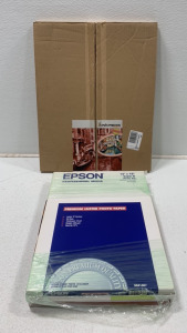 (1) BOX OF EPSOM PROFESSIONAL MEDIA PREMIUM LUSTER PHOTO PAPER (13”X19”), (1) BOX OF MOAB LEGION PAPER, AND (1) UNOPENED BOX OF INKPRESS MEDIA WARM TONS RAG 500GSM 20 SHEETS (17”X 22”)