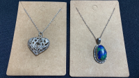 (1) Blue/Green Stone Sterling Silver Necklace, (1) Carves Heart Necklace