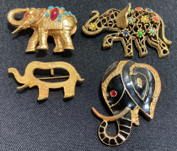 (4) Gold Tone Elephant Brooch Pins