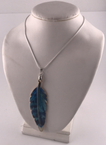 Golden Blue Metal Enamel Feather .925 24” Necklace