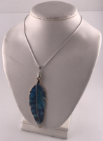 Golden Blue Metal Enamel Feather .925 24” Necklace