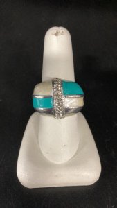 Silver Tone, Teal and Pearly White Costume Ring Size 9