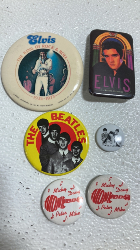 (6) Music Pins: The Beatles, Elvis, The Monkees