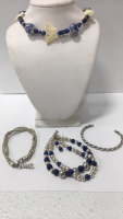(1) Blue Beaded w/ Butterfly Costume Fashion Choker Necklace (1) Silver and Blue Beaded Costume Fashion Bracelet w/ Clasp (1) Silver Beaded Costume Fashion Bracelet w/ Clasp (1) Silver Bracelet