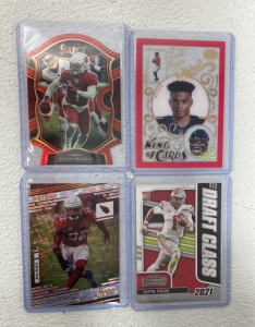 (1) 2020 Kyler Murray Red Select Prizm, (3) 2021 NFL Cards Such As Draft Class Justin Fields, King Of Cards Justin Fields And Buddha Baker