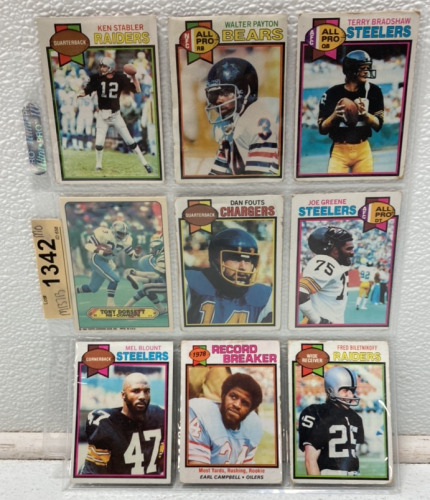 (9) 1979-1983 Hall Of Famer NFL Cards Such As Walter Payton, Terry Bradshaw, Earl Campbell, Mel Blount And More