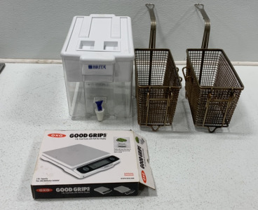 (2) SMALL METAL FRYING BASKETS, (1) BRITA WATER DISPENSER, (1) OXO GOOD GRIPS 5LB FOOD SCALE WITH PULL OUT DISPLAY