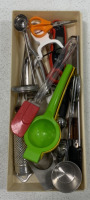 (1) UTENSIL STORAGE BIN, (1) LEMON/LIME SQUEEZER, (1) HAMILTON BEACH COOKING THERMOMETER, (1)SMALL METAL SPICE GRATER, (2) METAL COOKING RACKS AND MORE - 4