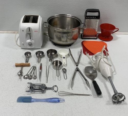 (1) METAL BELGIQUE POT WITH SERVING STAND, (1) CUISINART QUICK BREP HAND HELD MIXER, (1) SUNBEAM TOASTER, AND MORE