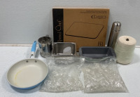 (1) THE PAMPERED CHEF RECTANGLE STONE, (2) BAGS OF PLASTIC ICE, (1) SAUCE PAN, AND MORE