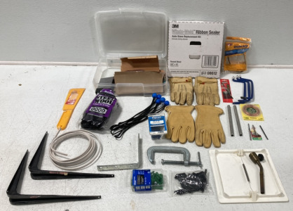 BOX OF TOOLS INCLUDING SAND PAPER, TWO PAIRS OF LEATHER WORK GLOVES, 3M WINDO-WELD RIBBON SEALER AUTO GLASS REPLACEMENT KIT, STEEL WOOL, VACUUM BELT AND MORE
