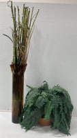 FAKE DECORATIVE PLANTS, ONE BAMBOO STACK IN TALL VASE (24”), ONE FERN PLANT