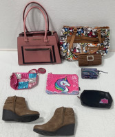 CHRISTIAN SIRIANO PINK PURSE, ROSETTI BUTTERFLY PURSE, BROWN CLUTCH, CHILDRENS HAND BAGS, BROWN 2.5” WEDGE HEELS SIZE 6