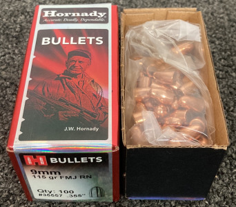 BRANDS NEW BOX OF HORNADY 9MM FMJ RN 115 GRAIN BULLETS 100 COUNT .355&rdquo; # 35557
