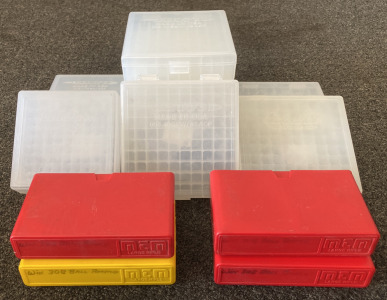 BERRY&rsquo;S, CABELA&rsquo;S AND MTM AMMO BOXES. 17 REM/.223, .40 S&W/.45 ACP AND LARGE RIFLE SIZES