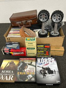 WORKING TIRE ALARM CLOCKS ON SPRINGS (2), WAR MOVIES, VINTAGE CASSETTE STOAGE CASE WITH CASSETTES, CD’S, BOOKE AND MORE