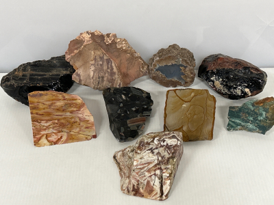 LAPIDARY CUT MAHOGANY OBSIDIAN, BLUE CHALCEDONY THUNDER EGG, CONGLOMERATE JASPER, OBSIDIAN, OWYHEE/PICTURE JASPER, MOOKAITE, CHERT AND RHYOLITE