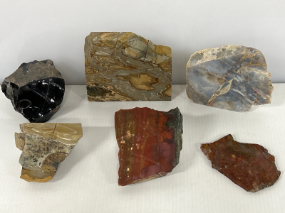 LAPIDARY CUT SECTIONS OF OBSIDIAN, OWYHEE/PICTURE JASPER, BLUE CHALCEDONY, RED/CHERRY CREEK JASPER, BRECCIATED JASPER AND DENDRITIC JASPER